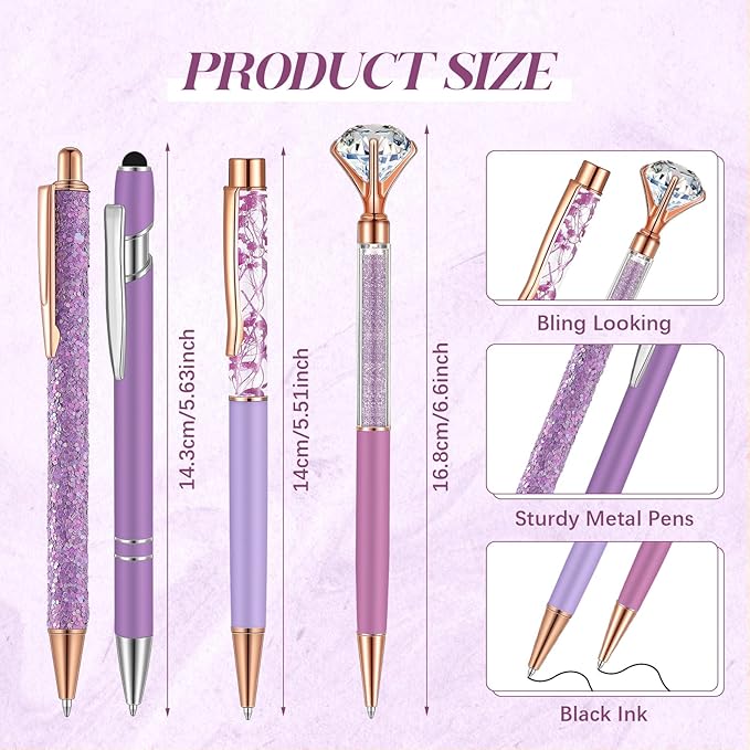 Sabary 8 Pcs Ballpoint Pens with Pen Holder for Desk Glitter Crystal Diamond Fancy Pencil Holder Bling Desk Organizer Cute Office Supplies for Women Girls Valentines Birthday Gifts(Purple)