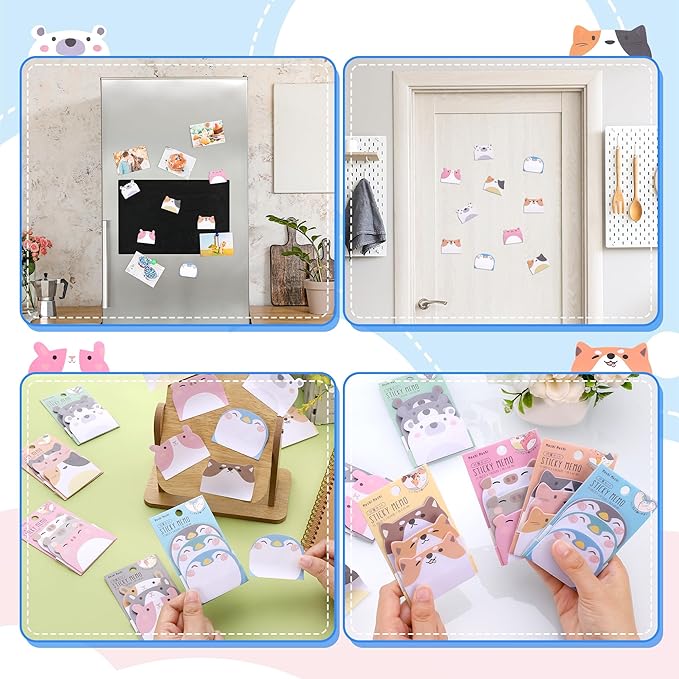 Cute Sticky Notes, 6 Pack 270 Sheets Kawaii Cartoon Animal Sticky Notes, Mini Cartoon Notes Animals Shape Markers Flags Self-Stick Memo Pads for School Home Office, JT-BG072-06