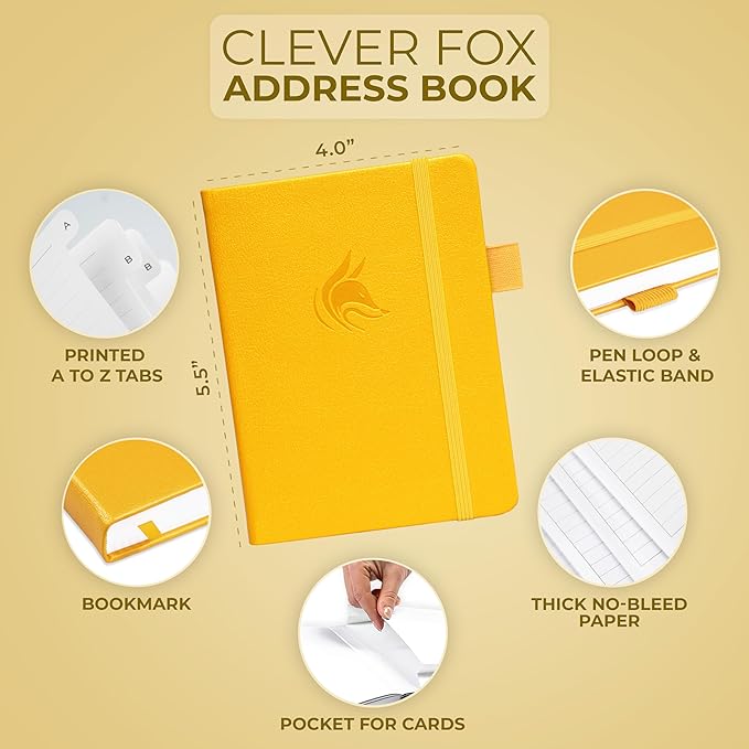 Clever Fox Address Book with alphabetic tabs - PU Leather Telephone and Address Book for Keeping Contacts Safe, Contact Organizer Journal, Small Size (4.0″ x 5.5″), Hardcover, Amber Yellow