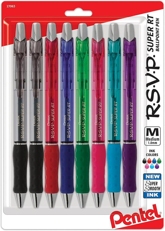 RSVP Super-Smooth Ballpoint Retractable Pen, Assorted , 8 Pack (BX480BP8M)