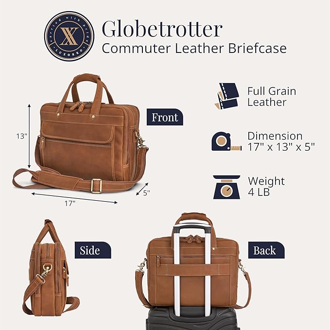 Luxorro Full Grain Leather Briefcase for Men, Light Brown, 17"(W) x 13"(H) x 5"(D), Fits 15.6 Inch Laptop