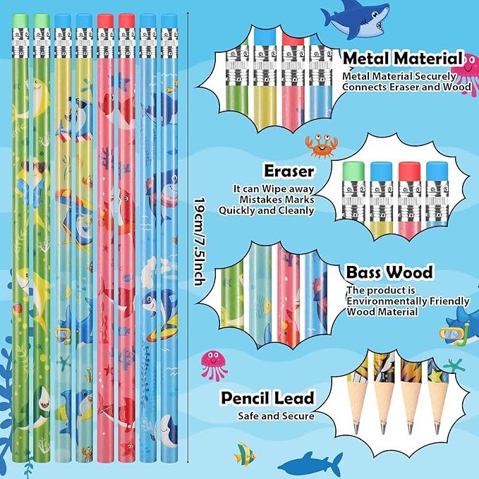 Geyee 36 Pcs Space Pencils Hawaiian Shark Themed Party Favors Assorted Novelty Fun Wood Writing Pencils with Erasers for Birthday Party Teacher Supplies(Shark)