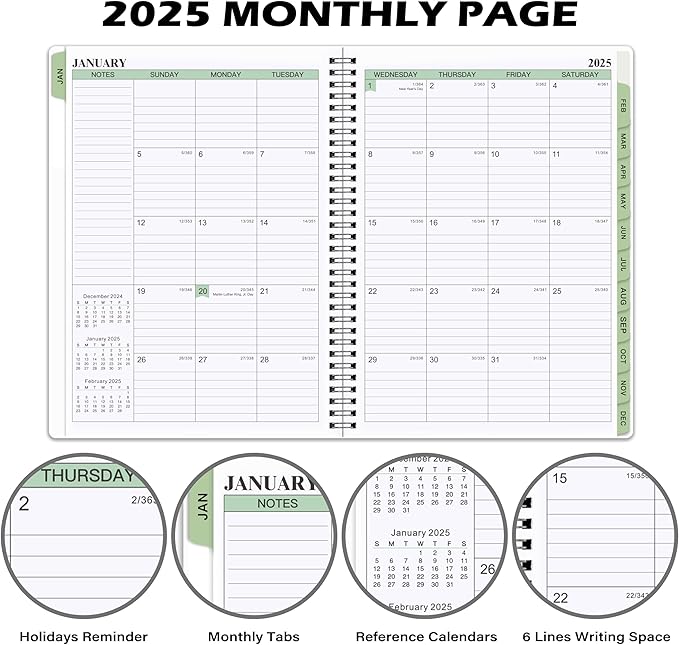 2025 Planner - Weekly & Monthly Planner Notepad 2025, 11.38'' x 8.74'', JAN 2025 - DEC 2025, Appointment Book, 60 Minutes Intervals, Monthly Tabs, Sturdy Cover, Spiral Bound, Back Pockets - Black