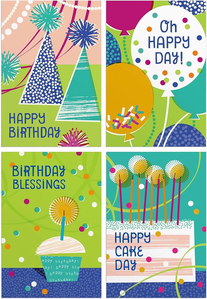 DaySpring - Birthday - Oh Happy Day - 4 Birthday Art Design Assortment with Scripture - 12 Birthday Boxed Cards and Envelopes