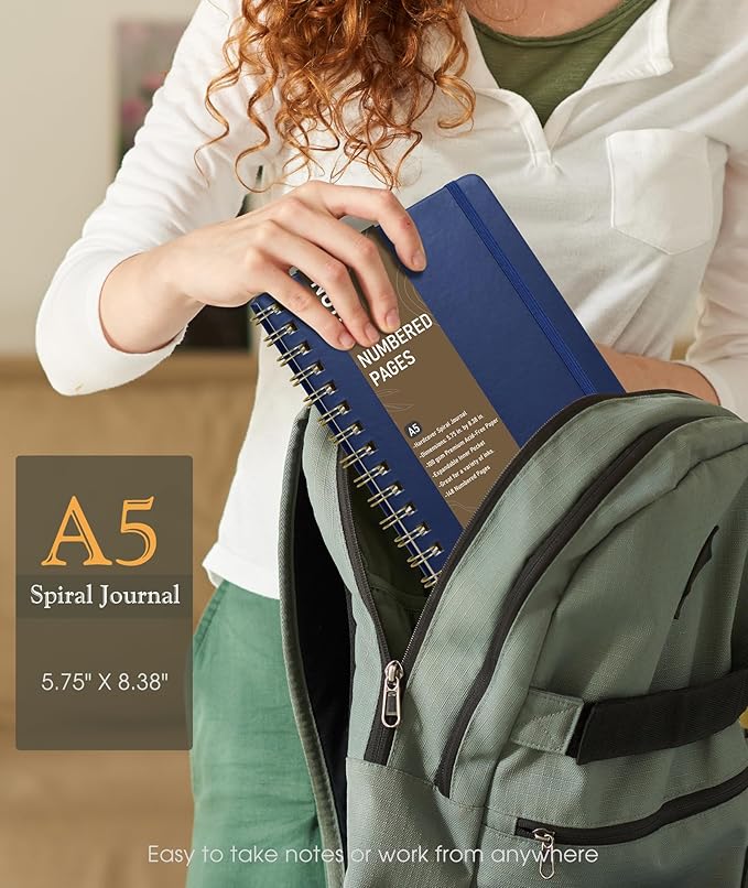 Lined Spiral Journal Notebook, A5 Hardcover Spiral Journals for Women Men, 150 Numbered Pages Spiral Bound Notebook, 100 GSM College Ruled Notebooks for Writing Note Taking 5.75" x 8.38", Navy Blue