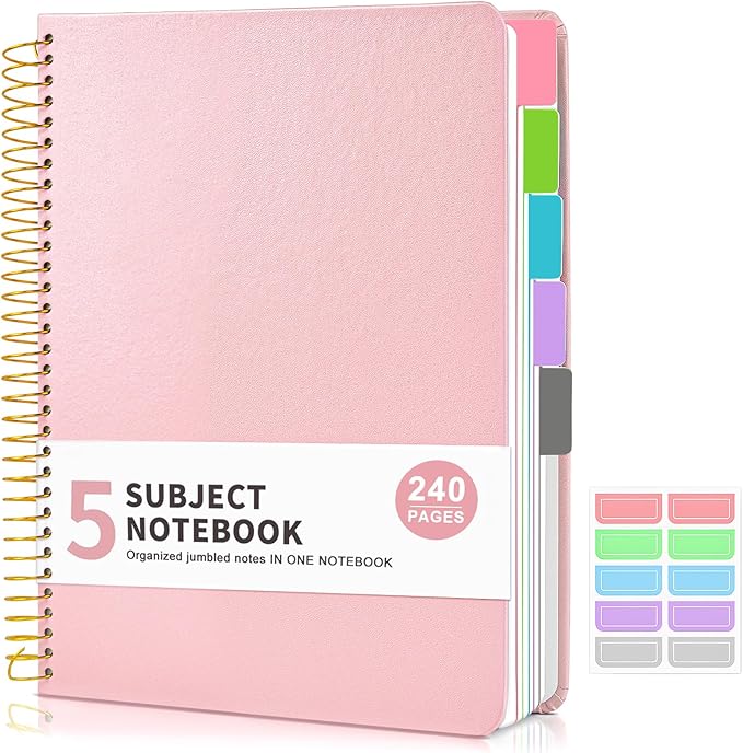 5 Subject Notebook College Ruled with Removable Pocket Dividers Tabs, 240 Pages Spiral Notebook 8.5 x 11, Lined Journal Notebook for Women , Hardcover Notebooks for Work School Note taking A4 Pink