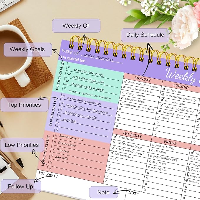 To Do List Notepad 52 Undated Pages, Weekly To Do List Notepad with Weekly Goals, 2 Packs Weekly Planner Notepad 8.5"×11", Task Planning Pad with PP Cover for Women Men to Track Task