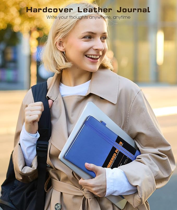 Lined Journal Notebook for Women Men, 256 Numbered Pages Hardcover Leather Journals for Writing, A5 Journaling Notebooks, College Ruled Journal for Business Work School Note Taking 5.75" x 8.38" Blue