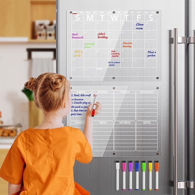 Acrylic Magnetic Dry Erase Board Calendar for Fridge, Clear Monthly and Weekly Planner Whiteboard for Refrigerator, w/ 8 Colors Markers, 15"x11"