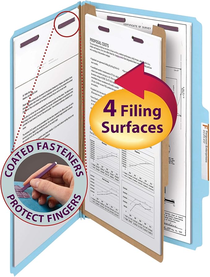 Smead Pressboard Classification File Folder with SafeSHIELD Fasteners, 1 Divider, 2" Expansion, Legal Size, Blue, 10 per Box (18730)