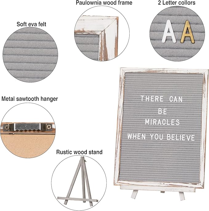 Felt Letter Board with Rustic Vintage Frame and Stand 12x16 inch,Grey Changeable Letter and Message Board Includes 792 Letters, Numbers and Symbols, Hook to Hang, 2 Canvas Bags