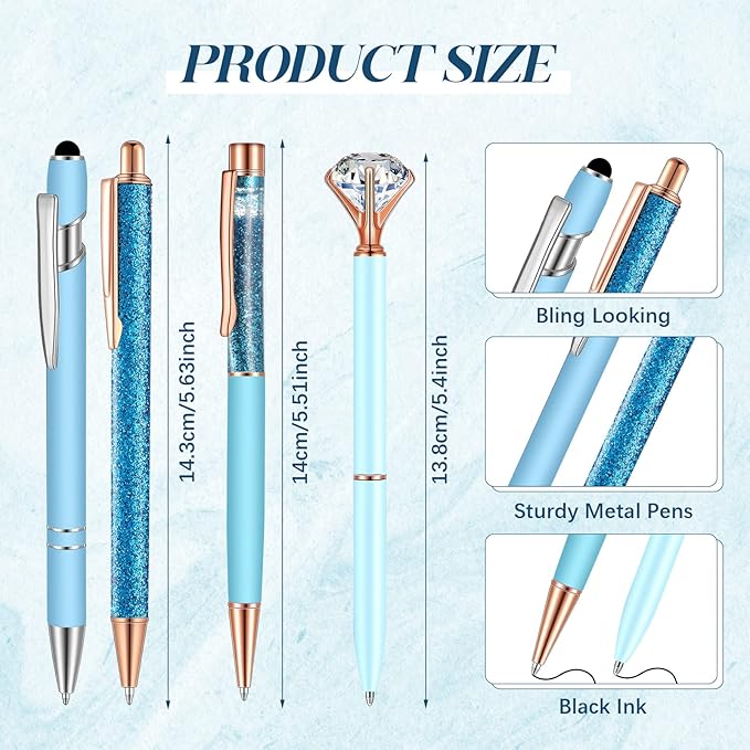 Sabary 8 Pcs Ballpoint Pens with Pen Holder for Desk Glitter Crystal Diamond Fancy Pencil Holder Bling Desk Organizer Cute Stationery Supplies for Women Girls Wedding Office School Gifts(Blue)