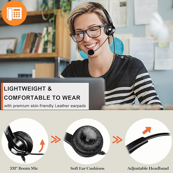 Phone Headset with Microphone Noise Cancelling, Call Center Telephone Headset with RJ9 Jack, Work for Avaya 1408 9508 1416 Shoretel 230 480 Mitel 5220 Polycom NEC Allworx Zultys Aastra Landline Phones