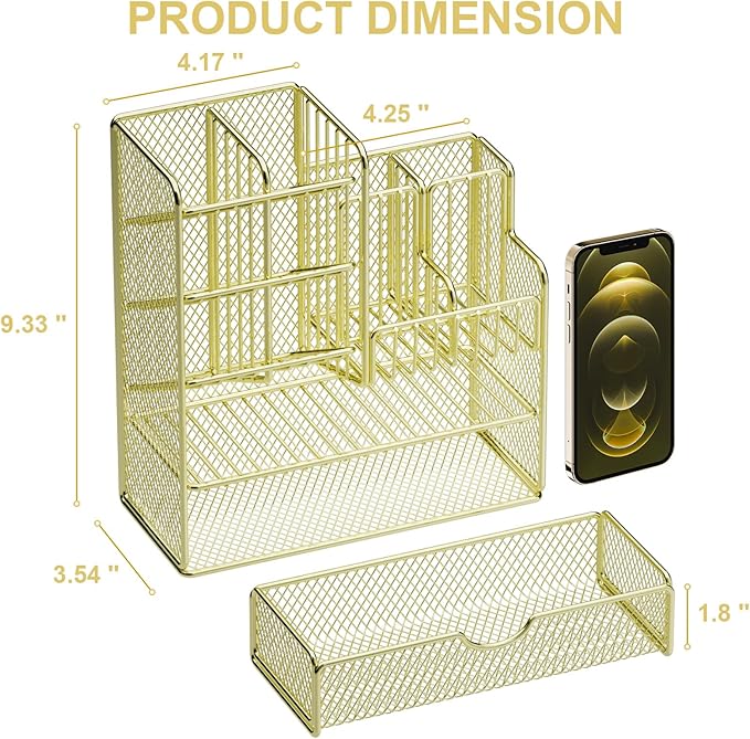 Marbrasse Mesh Pen Holder for Desk, Multi-Functional Pencil Organizer with Drawer, Desk Organizers and Accessories for Office Art Supplies (Gold-Applies to Marker Pens Only)