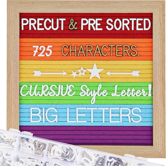 Changeable Felt Letter Board with Letters, Pre Cut & Sorted 725 Letters, Rainbow Decor, 10x10 Inch Message Board, Classroom Decor Farmhouse Wall Decor Sign Board, Pride Decorations for Office