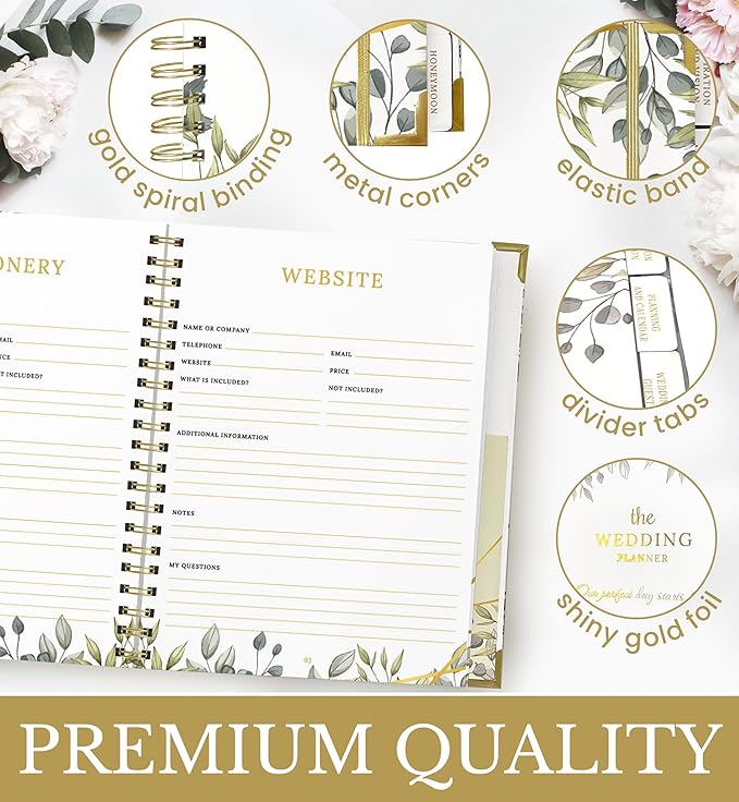 Beautiful Wedding Planner for the Bride with Gold Diamond Pen , 6 Tabbed Sections Wedding Planning Book & Engagement Gifts , Unique Inner Pockets Wedding Planner Book and Organizer BY SOZONE , 9.5 X 11.5 inches