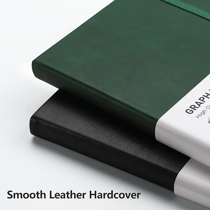 RETTACY Graph Paper Notebook, A5 Grid Notebook Journal with 192 Pages, 5.7'' × 8.3'', Medium Size, Leather Hardcover, 100 GSM Thick Paper, for Students, Homework, Math, Engineering (Dark Green)