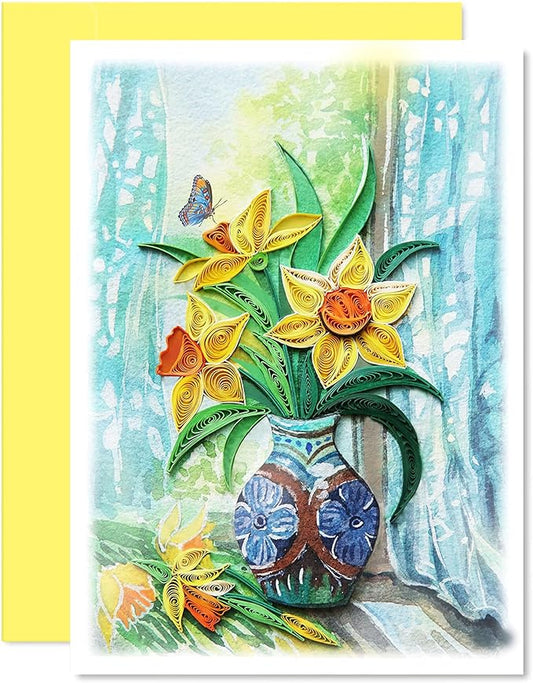 KingKraft Daffodils Flower Quilling Card, Handcrafted Greeting Card for All Occasions, Birthday Card for Mom, Thinking of You, Get Well, Anniversary, Valentines Day, Mothers Day Card, Blank Inside