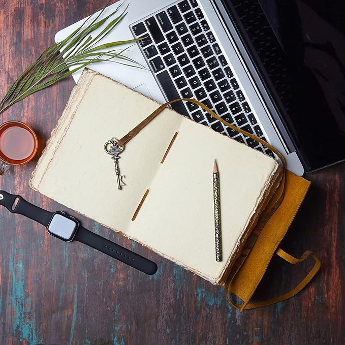 LEATHER VILLAGE Vintage Leather Journal – 200 Handmade Vintage Deckle Edge Paper – Leather bound Journal For Women Men – Vintage Key Closure - Book of Shadows - Cappuccuno Brown - 6X4 inches (A6)
