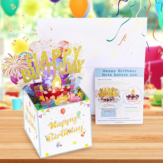 Large Pop Up Birthday Cards with Blowable Lights and Music,Funny Happy Birthday Cards 3D Greeting Cards Special Birthday Gifts for Kids Teens Women Men Son Daughter
