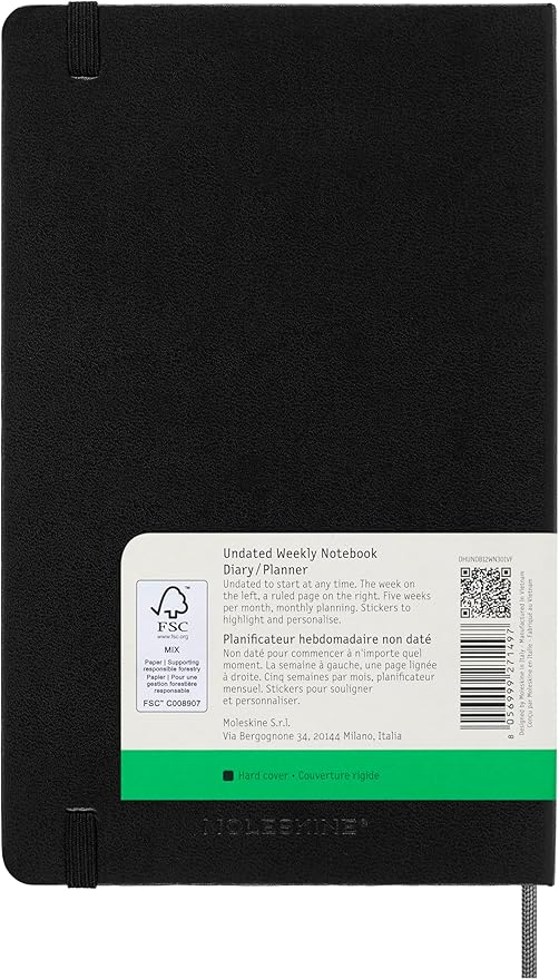 Moleskine Classic Weekly Undated Planner, Hard Cover, Large (5" x 8.25"), Black, 288 pages