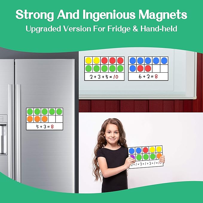 Magnetic Ten-Frame Set,6 Frames(with Blank Writing Space) and 66 Colorful Discs with 2 Markers (Upgraded Version for Fridge & Hand-held)