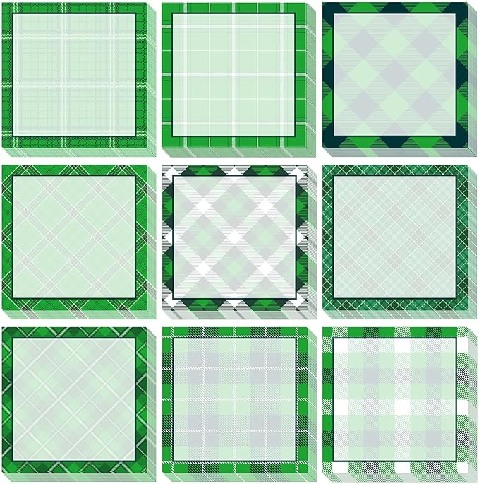 9 Pieces St. Patrick's Day Plaid Sticky Notes Green St. Patrick's Day Plaid Note Pads Self-Adhesive Irish Memo Notes for School Office Home Supplies Students Teachers Present St. Patrick's Day
