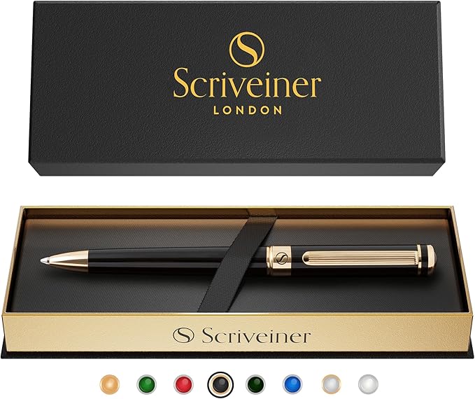 Scriveiner Black Lacquer Ballpoint Pen - Stunning Luxury Pen with 24K Gold Finish, Schmidt Black Refill, Best Ball Pen Gift Set for Men & Women, Professional Executive Office, Nice Fancy Designer Pens