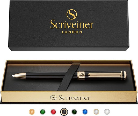 Scriveiner Black Lacquer Ballpoint Pen - Stunning Luxury Pen with 24K Gold Finish, Schmidt Black Refill, Best Ball Pen Gift Set for Men & Women, Professional Executive Office, Nice Fancy Designer Pens