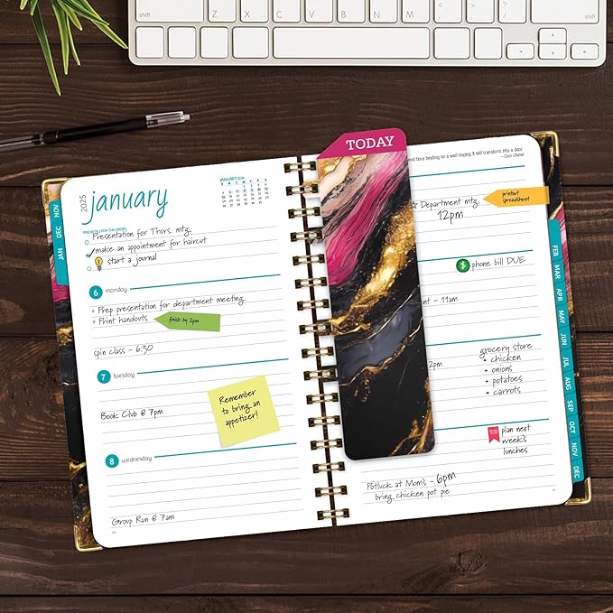 HARDCOVER 2025 Planner, 5.5"x8": 14 Months (November 2024 - December 2025), Daily Weekly Monthly Planner, Yearly Agenda, Bookmark, Pocket Folder and Sticky Note Set (Dark Gold Marble)
