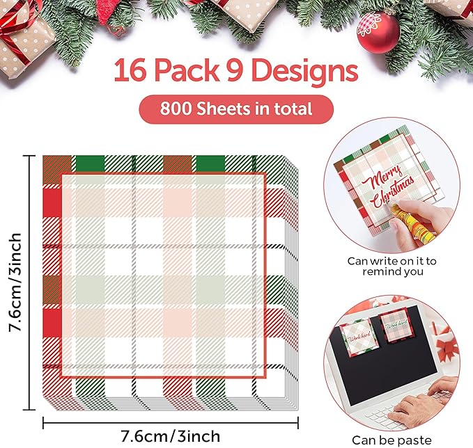 9 Pieces Christmas Plaid Sticky Note Christmas Plaid Design Self-Adhesive Note Pads Christmas Plaid Sticky Memo Notes for Xmas School Office Home Supplies Students Teachers Present 9 Styles