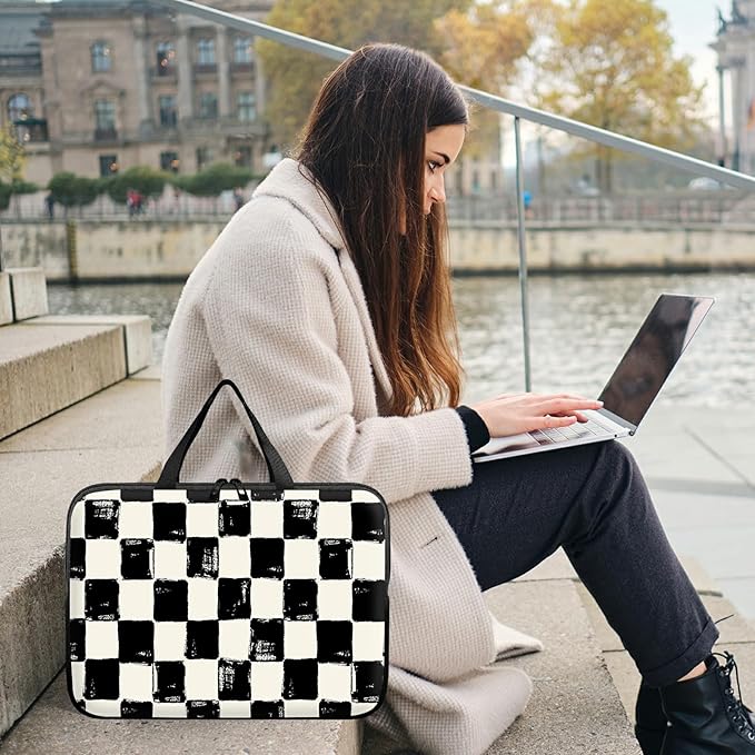 Laptop Sleeve Case Bag 15 inch, Black and White Checkered Slim Carrying Case Durable Handbag Travel Laptop Bag for 15 inch MacBook Air M3/M2/15 Pro/Surface Laptop 7/6/5/4/3/ Dell XPS 15 Plus