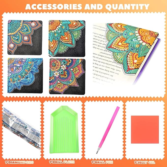 4Pcs Diamond Bookmarks,DIY Corner Bookmark Diamond Kits,Diamond Art Bookmarks DIY Page Bookmarks for Home Office School Beginner Adults Reading Crafts Kit Gifts