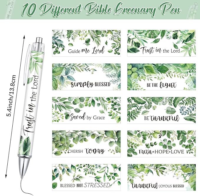 Tinlade 10 Pcs Christian Pens for Women Religious Ink Pens Easter Gifts Inspirational Quotes Bible Verse Ballpoint Funny Office Supplies for Women Men Coworker(Green Leaves)