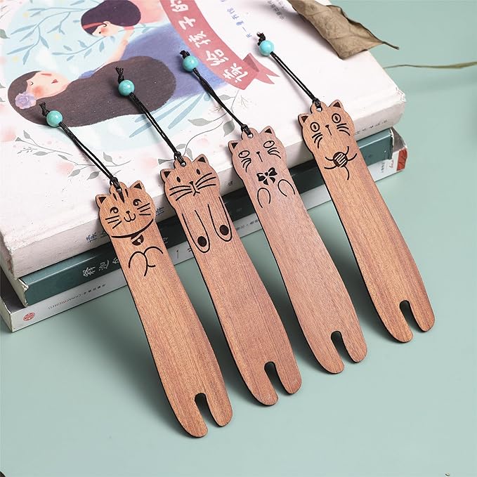 Wood Cat Bookmarks - Set of 4 Cute Bookmarks Aesthetic, Wooden Bookmarks Anime Cat Bookmark for Women Girl Kids, Kawaii Bookmark for Book Lover Cat Lover Friends Best Gifts (Acid Redwood)