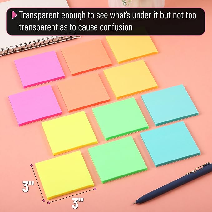 Mr. Pen- Plastic Sticky Notes, 3”x3”, 12 Pads, 600 Sheets, Vivid Palette Sticky Notes, Sticky Note, Self-Stick Note Pads, Sticky Pads Sticky Notes Aesthetic, Colorful Sticky Notes Bulk Sticky Notes
