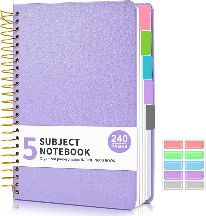 5 Subject Notebook College Ruled, Hardcover Spiral Notebook with Removable Pocket Dividers Tabs, 240 Pages Lined Spiral Journal Notebook for Women, 6x8.5 Notebooks for Work School Note taking A5 purple