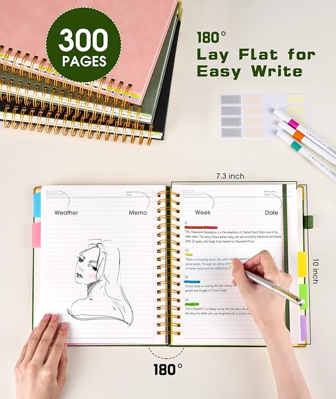 Hardcover Spiral Notebook journal with Removable Dividers Tabs, 300 Pages Leather 5 Subject Notebook College Ruled, 8"x10" Large B5 Notebooks for Work School Note taking, Lined Journal for Women,Green