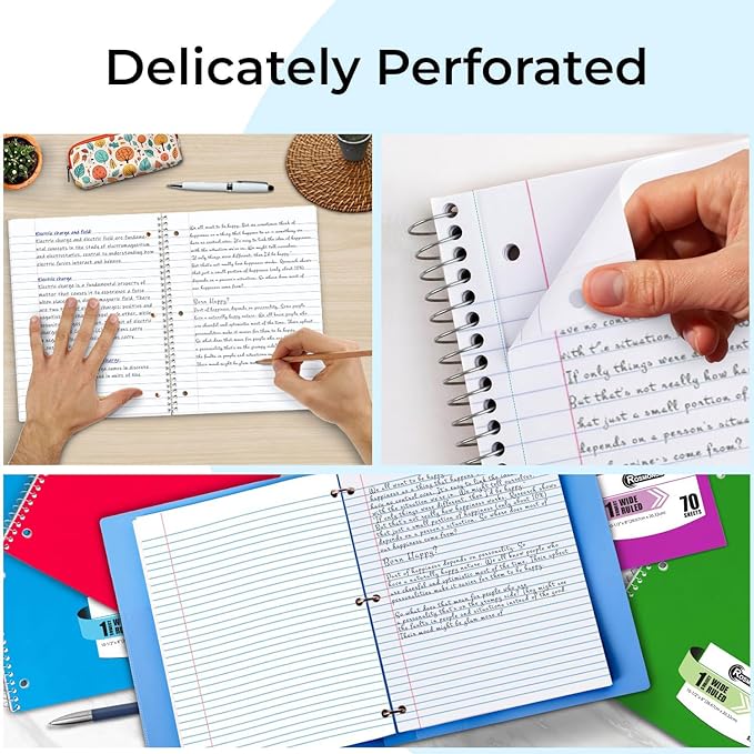 50 Pack, 1 Subject Spiral Notebook Wide Ruled Bulk, 140 Pages (70 Sheets), Thick No-Bleed Paper, 8 x 10-1/2", 3 Hole Punched, 1 Subject Spiral Notebook Bulk, Bulk Subject Notebook