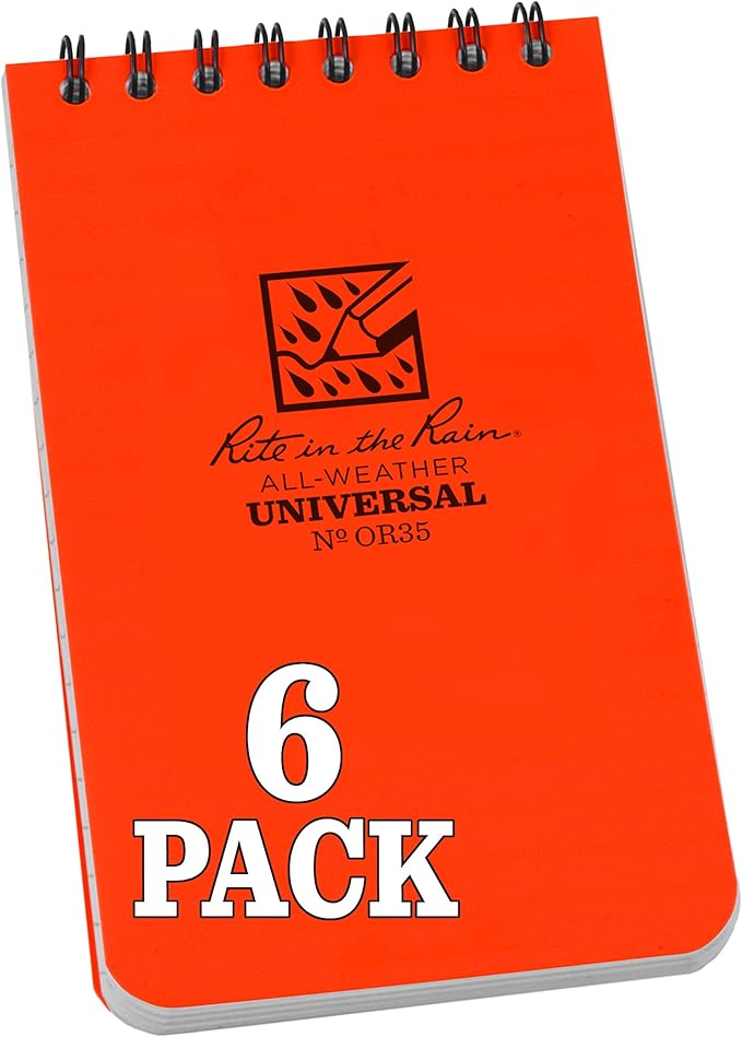Rite in the Rain Weatherproof Top Spiral Notebook, 3" x 5", Orange Cover, Universal Pattern, 6 Pack (No. OR35L6)