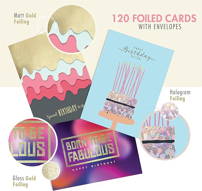 easykart labels 120 Unique Birthday Cards Assortment with Greetings Inside. For Businesses and Individuals, 4x5.5 Inch Assorted Foiling Cards with Envelope with Sealing Stickers