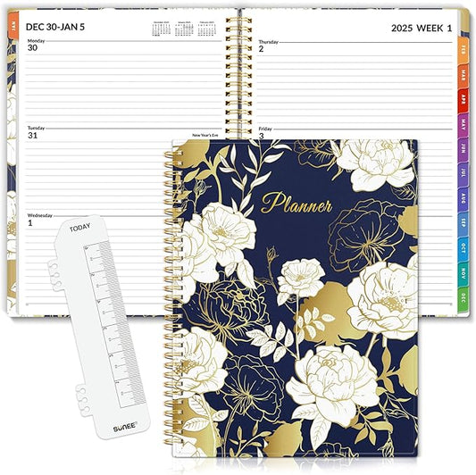 SUNEE 2025 Weekly and Monthly Planner - from January 2025 - December 2025, 8.5"x11" Daily Agenda Planner with Monthly Tab, Flexible Cover, Note Pages, Pockets, Bookmark, Spiral Binding, Dark Blue