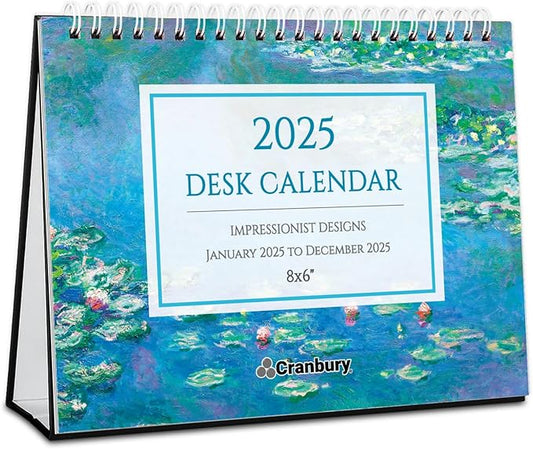 CRANBURY Small Desk Calendar 2025, 8x6" (Artwork), Standing Desktop Calendar with Gorgeous Monthly Designs, Perfect Size Stand Up Calendar, Stickers