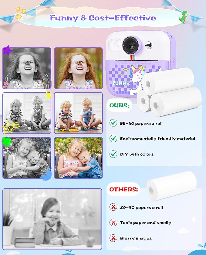 Instant Print Camera, Birthday Day Gifts for Kids Girls Boys, 1080P HD Digital Video Kids Camera, Girls Toys Age 4 5 6 7 8 9 10 Years Old with 32GB SD Card, Purple