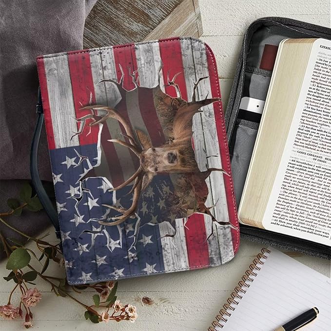 Lotusorchid Reindeer Bible Cover Case, Zippered Bible Carrying Case for Women Girls, Portable American Flag Bible Tote Bag Sturdy Bible Book Cover for Bible Study, Christian Bible Accessories,L