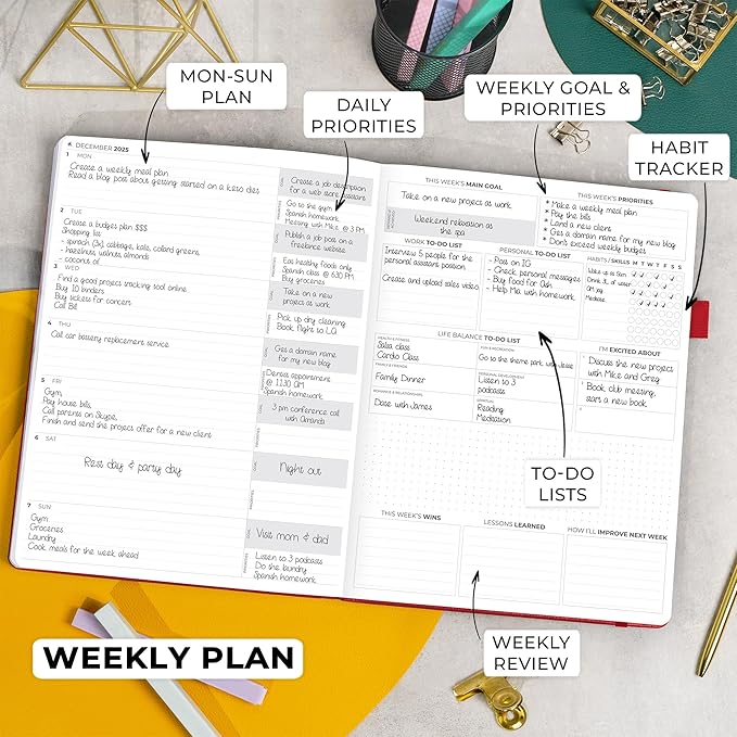 Clever Fox Planner PRO Premium Jan 2025-Jan 2026 – Luxurious Weekly, Monthly & Budget Agenda Organizer for Productivity & Reaching Goals, A4 Hardcover + Keepsake Box – Red
