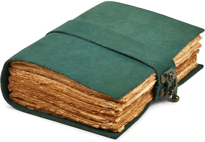 LEATHER VILLAGE Leather Bound Vintage Journal for Women & Men - Book of Shadows - Lock Closure - 200 Pages of Antique Deckle Edges Handmade Paper - Turquoise Color - 7 X 5 inches
