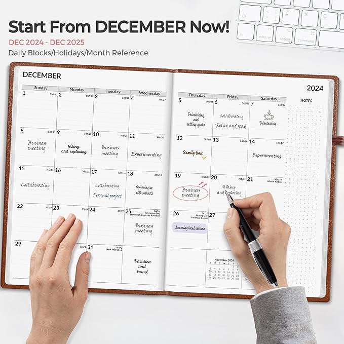 SUNEE 2025 Weekly & Monthly Hardcover Planner 8" x 11" - 12 Month (January 2025 - December 2025), Small Hardcover Planner, Pocket, Notes, 100 GSM Paper, Brown