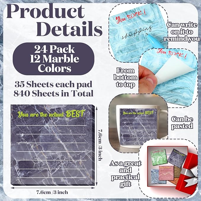 Yinder 24 Pcs Inspirational Sticky Notes with Lines Cute Motivational Sticky Notes Pad Employee Appreciation Gifts Bulk for Teacher Nurse Coworkers Office Supplies 3 x 3''(Marble Color,Appreciation)