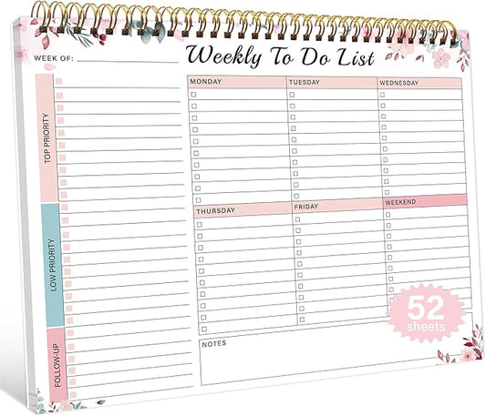 Weekly To Do List Notepad with 52 Undated Sheets（8.5"×11"）- Undated Weekly Desk Planner for Women & Man, School/Office Supplies - Whispering Petal